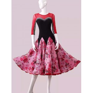 Customized size wine red rose flowers ballroom dancing dresses for women girls competition stage performance waltz tango foxtrot smooth dance long gown